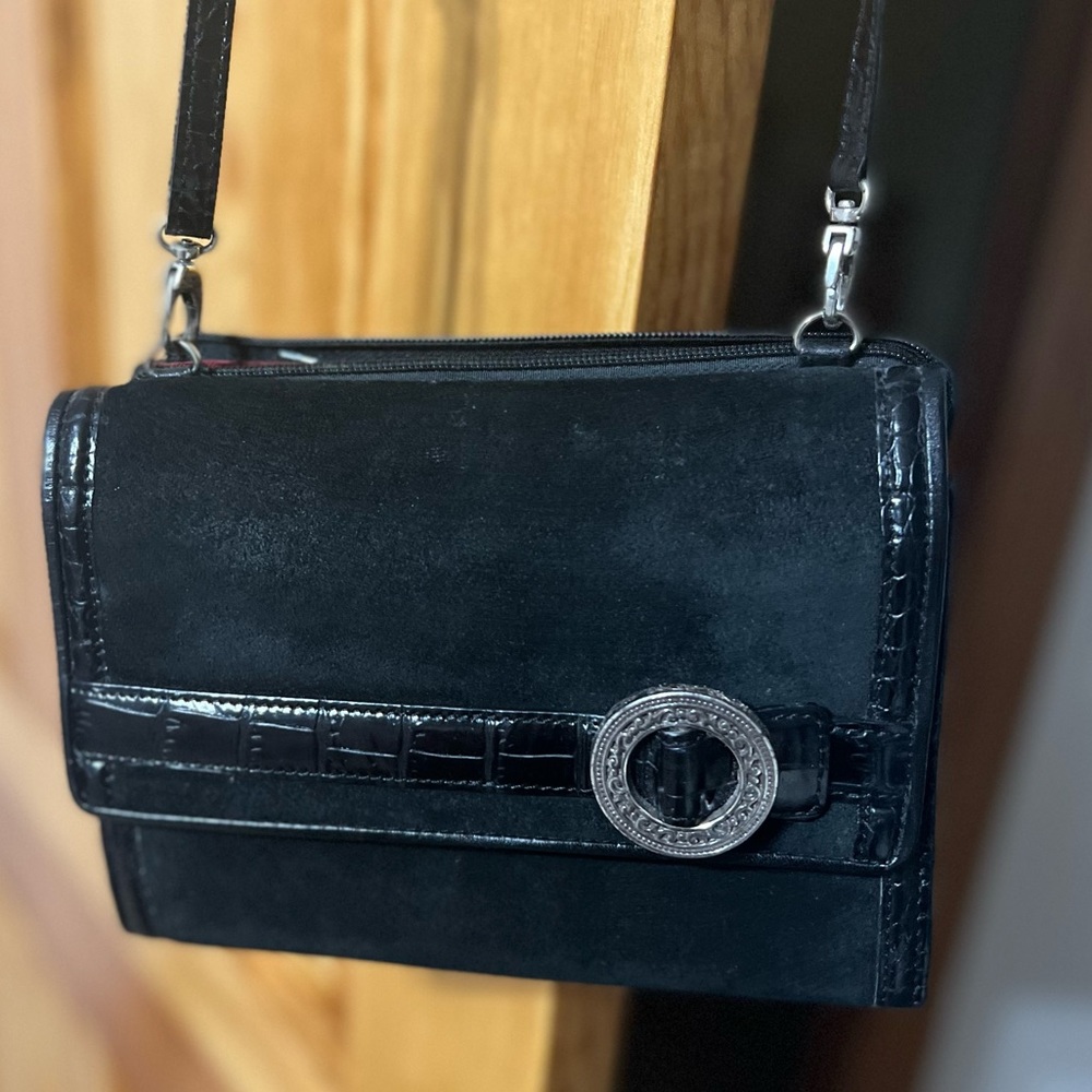 Vintage Brighton Black Suede Crossbody Silver Accents, Lots of Storage! So Clean